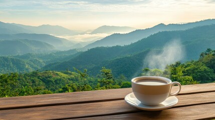 Serene Morning Landscape with Steaming Coffee Mug Overlooking Lush Mountains and Misty Valleys at Sunrise, Perfect for Relaxation and Nature Themes