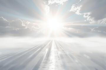 Abstract Light Rays Background with White Sun and Blurred Road in Fog