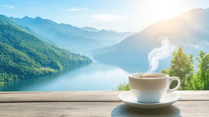Serene Morning View of Hot Coffee on Wooden Table Overlooking Majestic Mountains and Calm Lake Under Bright Blue Sky with Gentle Sunlight