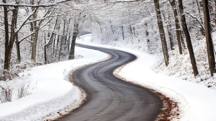 Obraz premium Serene Curving Road Through a Winter Wonderland of Snow-Covered Trees and Blankets of White, Inviting Tranquility and Beauty in a Scenic Nature Landscape