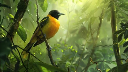 A vibrant orange and black bird perches gracefully on a branch in a lush tropical forest. Sunlight filters through the dense green foliage, highlighting the bird's colorful feathers in serene beauty.