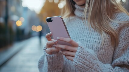 A woman holds a phone with 5G and 6G. 