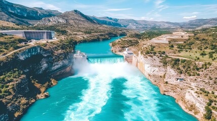 Water release event hydroelectric dam aerial view natural landscape environmental energy generation