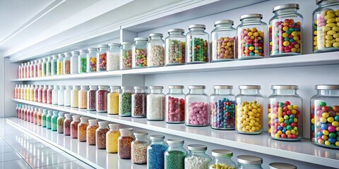 A vibrant display of colorful glass jars filled with various candy and sweets, arranged neatly on clean white shelves in a minimalist setting.