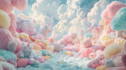 a fantasy world where softness is the main character, filled with teddy bears, unicorns, pillows, pastel colors, with a vanishing point in the center of the image