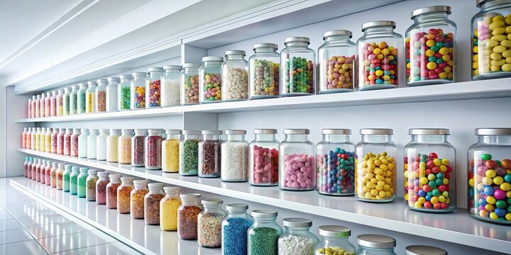 A vibrant display of colorful glass jars filled with various candy and sweets, arranged neatly on clean white shelves in a minimalist setting.