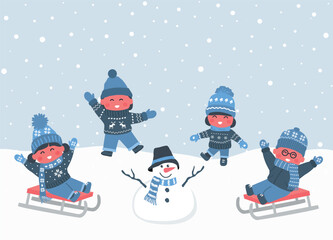 Happy Children Rejoice in Coming of Winter. Children in Winter Clothes Dancing, Sledding. Kids Have Fun Outside. Happy Baby Girls, Baby Boys. Greeting Card Template. Vector Illustration in Blue, White