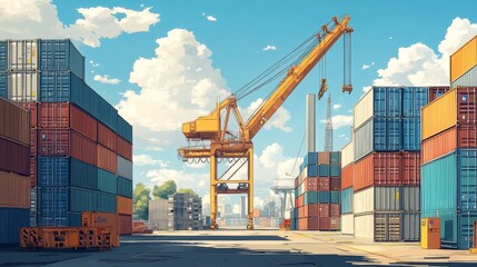 Illustration in surrealist vector art style, showcasing metal imported containers lifted by cranes at busy port terminals, highlighting details, industrial machinery, and maritime logistics operations