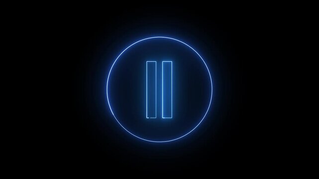 Neon glowing pause video icon, video play button icon animation on a black background.