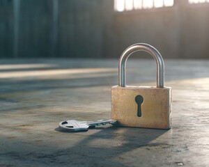 Padlock and Key on Concrete Floor.