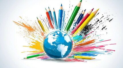 A colorful burst of paint and pencils surround a blue globe, symbolizing creativity and global inspiration.