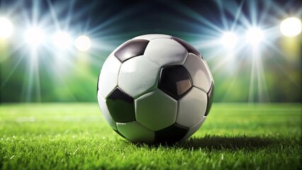 Fototapeta premium A solitary soccer ball rests on the green turf of a stadium, bathed in the radiant glow of stadium lights.
