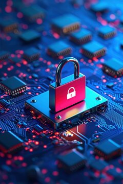Cyber Security Concept with Padlock on Circuit Board.