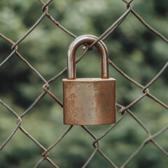 Rusty Padlock on a Wire Fence.