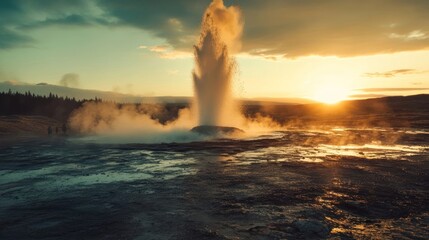 A geyser erupts dramatically against a sunset backdrop in a geothermal landscape.