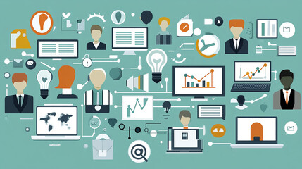 A colorful illustration of a connected network of people and technology, representing teamwork and communication in a modern business environment.
