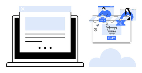 Computer screen displaying webpage, overlayed with people using a shopping cart icon and cash back offers. Ideal for e-commerce, online shopping, digital marketing, customer engagement, web design
