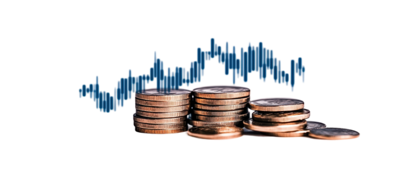 Coins with fluctuating market trend graph. transparent background