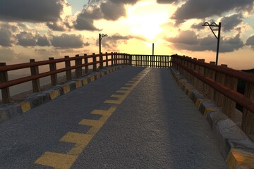 Obraz premium A scenic road leading to a sunset, bordered by wooden railings and streetlights.