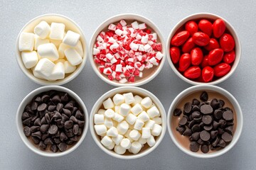 A top-down view of a hot chocolate tray with different toppings: marshmallows, crushed peppermint, and chocolate chips