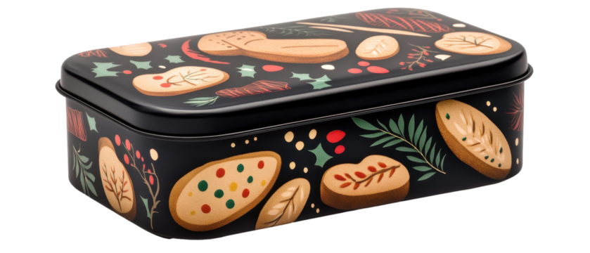 Decorative cookie tin with festive designs. transparent background