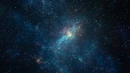 Naklejka premium A cosmic nebula with a bright, glowing center surrounded by a sea of stars in a dark, vast universe.
