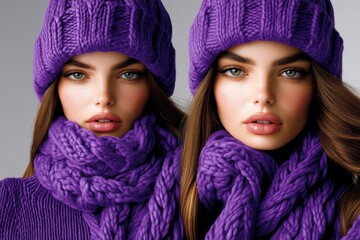 A winter fashion spread featuring a variety of knit sweaters, scarves, and wool hats in rich colors
