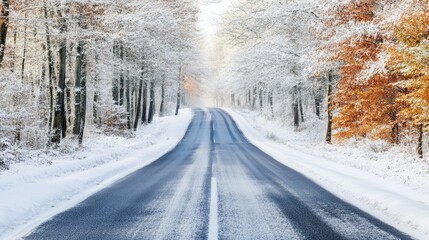 Fototapeta premium A Serene Winter Landscape Featuring a Snow-Covered Road Surrounded by Frosty Trees and Colorful Foliage Capturing the Beauty of the Season