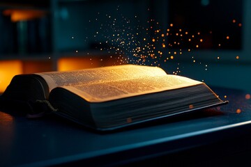 An old, open book on a dimly lit library desk with specks of dust floating in the light