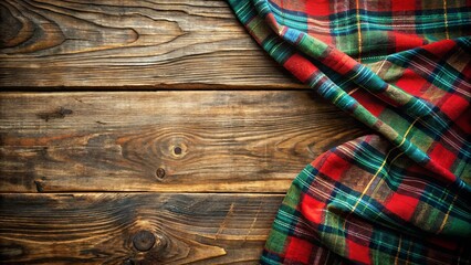 Rustic Wooden Plank Background with a Red and Green Plaid Fabric Corner