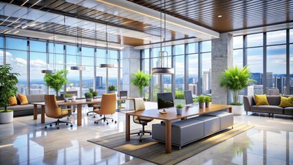 Fototapeta premium Modern Empty Office Building Interior with Natural Light, Minimalist Design, Sleek Furniture, Open Space, and Stylish Decor - Perfect for Business, Work Environment, and Corporate Settings