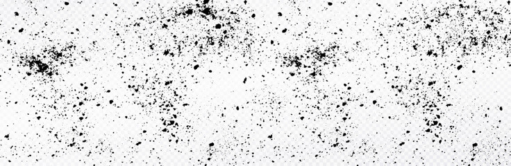 Black dust on transparent background. Splash grunge texture. Abstract small particles of dust. Grunge texture grain noise particles background.