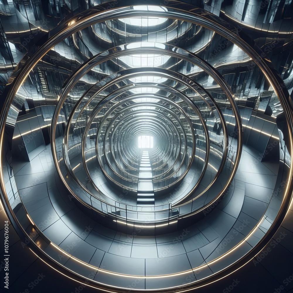 Poster a circular hallway with mirrors that create the illusion of an e