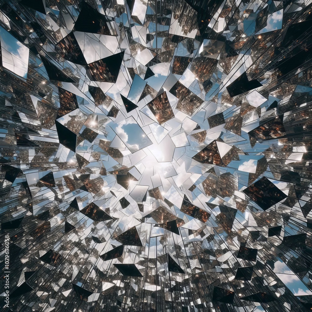 Poster a ceiling installation of mirrored shards that reflect and fragm