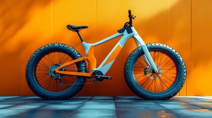 Obraz premium A bicycle stands in front of an orange background wall, showcasing dynamism and contrast, highlighting the unique angle and design of the bicycle, and showcasing the urban art style.