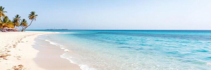 Fototapeta premium Sandy beach with clear blue water and palm trees under a clear sky, ocean, relaxation