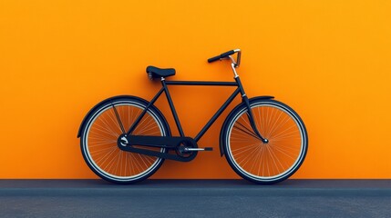 Fototapeta premium A bicycle stands in front of an orange background wall, showcasing dynamism and contrast, highlighting the unique angle and design of the bicycle, and showcasing the urban art style.