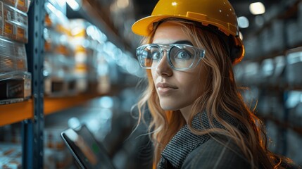 Female Warehouse Worker Using Augmented Reality on Tablet for Inventory Management and Product Visualization in High-Tech Distribution Center