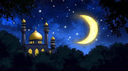 Naklejka premium A crescent moon shines brightly in the night sky above a mosque with golden domes, surrounded by trees.
