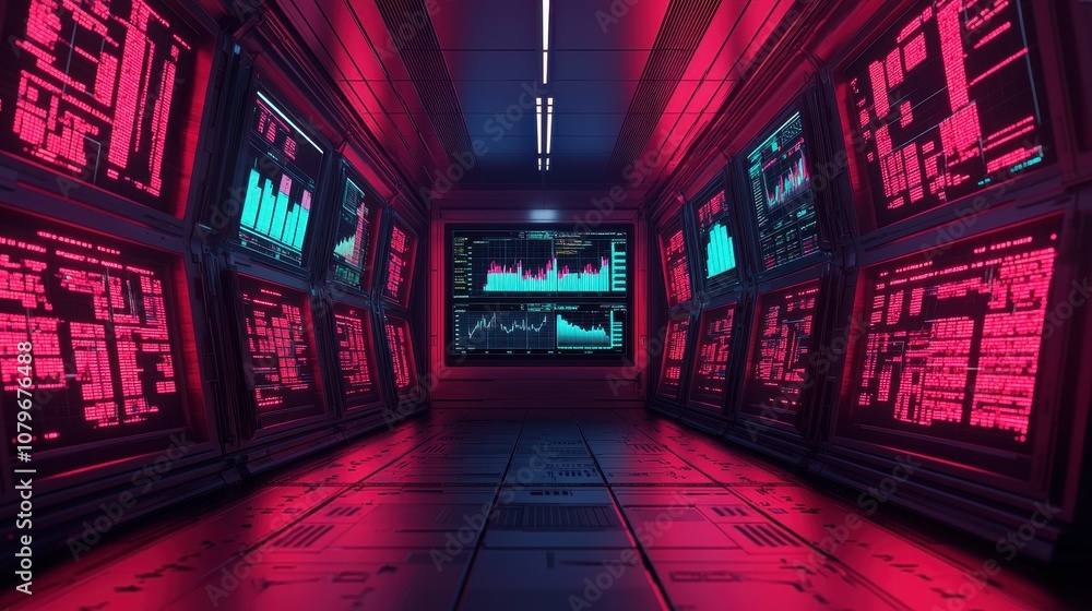 Poster a futuristic corridor filled with glowing screens displaying data and graphs, illuminated by pink an
