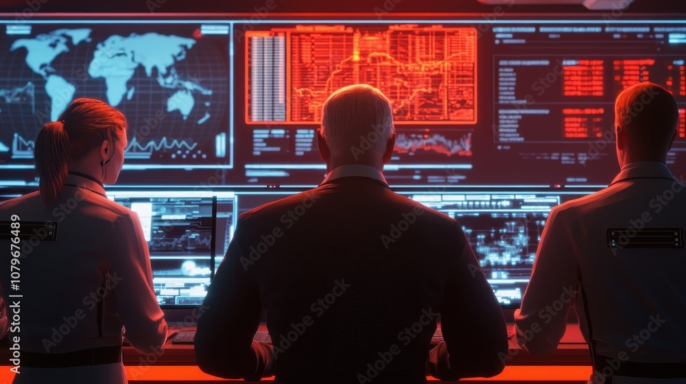 Poster a group of professionals monitors high-tech screens displaying data and maps in a dimly lit, advance