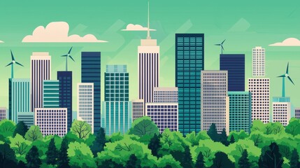 A vibrant city skyline featuring modern skyscrapers, wind turbines, and lush greenery under a clear blue sky.