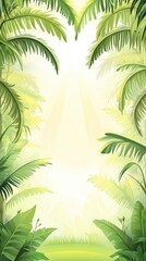 Lush tropical foliage framing a bright, serene background.