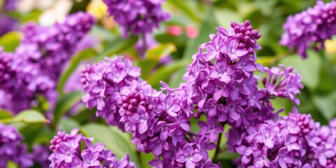 A close-up shot of vibrant purple lilac flowers blooming in a garden during spring, may flowers, spring