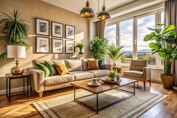 Modern Living Room with Beige Sofa, Natural Light and Stylish Coffee Table - Contemporary Interior Design Inspiration