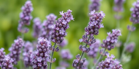 Obraz premium A close-up shot of vibrant purple lavender flowers in full bloom against a soft green background, petals, nature