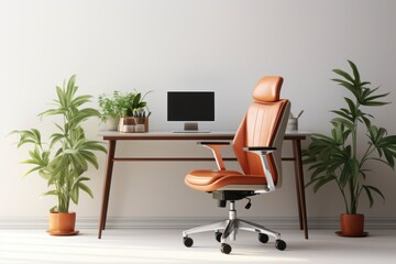 Fototapeta premium Modern Home Office Desk with Leather Chair, laptop and plants
