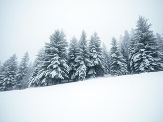 Obraz premium Snow gently blankets the towering pine trees in a serene winter landscape, wilderness, nature