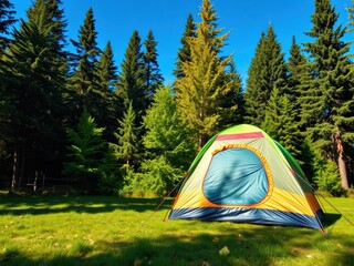 A colorful camping tent pitched in a lush forest setting, under a clear blue sky, camping gear, camping site