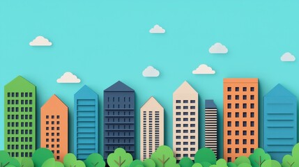 Fototapeta premium A colorful, playful city skyline illustration with various-shaped buildings, set against a bright blue background and surrounded by green trees and fluffy clouds.